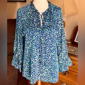 NWT AnnieWear Los Angeles Boho Chiffon Blouse Blue Green Ikat Ruffle Sleeve